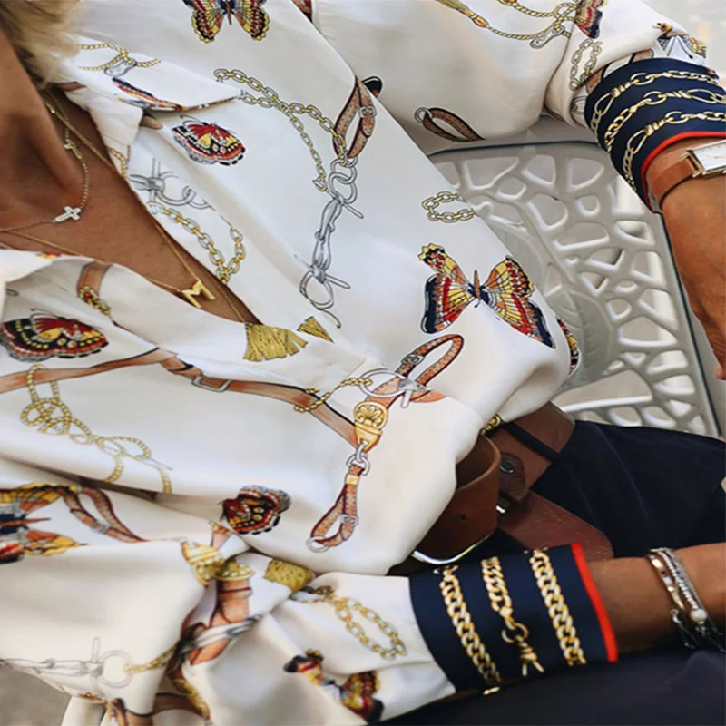 

Chains Mixed Print Long Sleeve Casual Shirts for Women