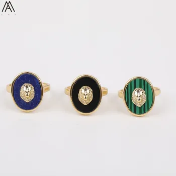 

Trendy Women Oval Shape Natural Labradorite Black Agates Stone Paved Gold Lion Heads Open Adjustable Rings Craft Gift FZ-51AMAC