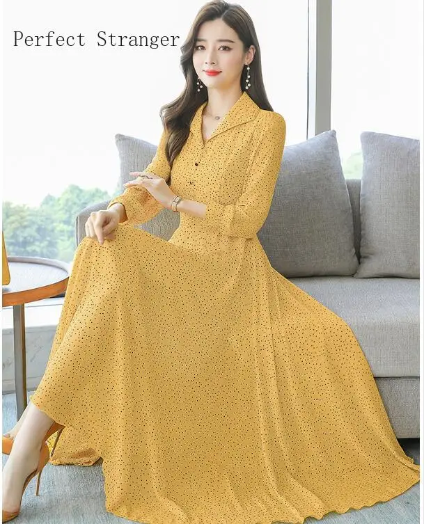 

2020 Autumn New Arrival Plus Size M-3XL Turn-down Collar Long Sleeve Dots Printed Women Chiffon Long Dress