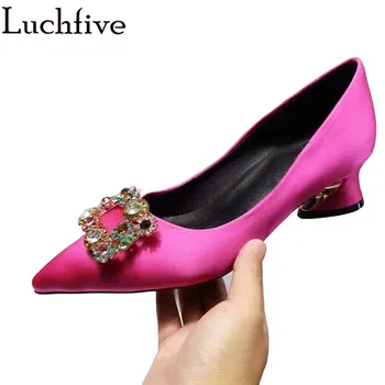 

Crystal buckle Decorate Pointed Toe kitten Heel shoes Women Rose red Champagne Satin Pumps Ladies Career Dress Party Shoes Woman