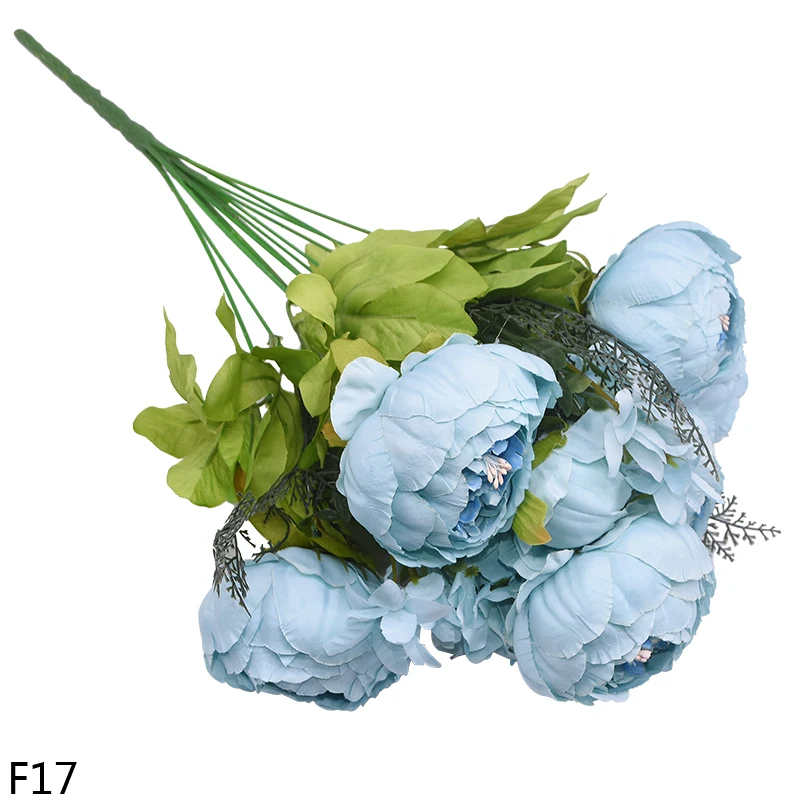 F17 teal Искусственные пионы, цветы для свадебной вечеринки, шёлковые цветы для украшения дома, декор для отеля, искусственные пионы, розы, 1 букет, 6 больших головок - Цвет: F17 teal