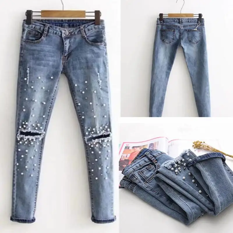 Рваные джинсы до колена, женские штаны-карандаш стрейч из денима, повседневные облегающие джинсы с заклепками и жемчужинами, летние длинные брюки с низкой талией в ковбойском стиле