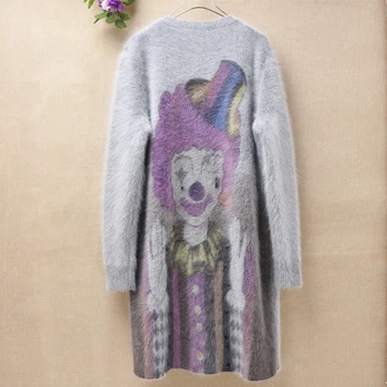 

Femme long fashion clown printing bead mink cashmere cardigan V-neck long sleeves loose angora fur knitwear sweater coat mantle