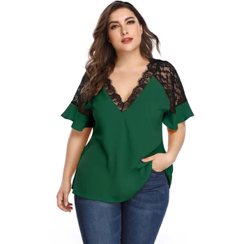 

Summer Women's Blouse and Shirt Sexy V Neck Patchwork Hollow Out Black Lace blusas mujer de moda 2020 Casual Plus Size Slim Tops