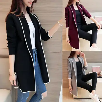 

New Winter Ladies Solid Color Lapel Long Sleeve Mid-Long Loose OL Commuter Cardigan Jacket