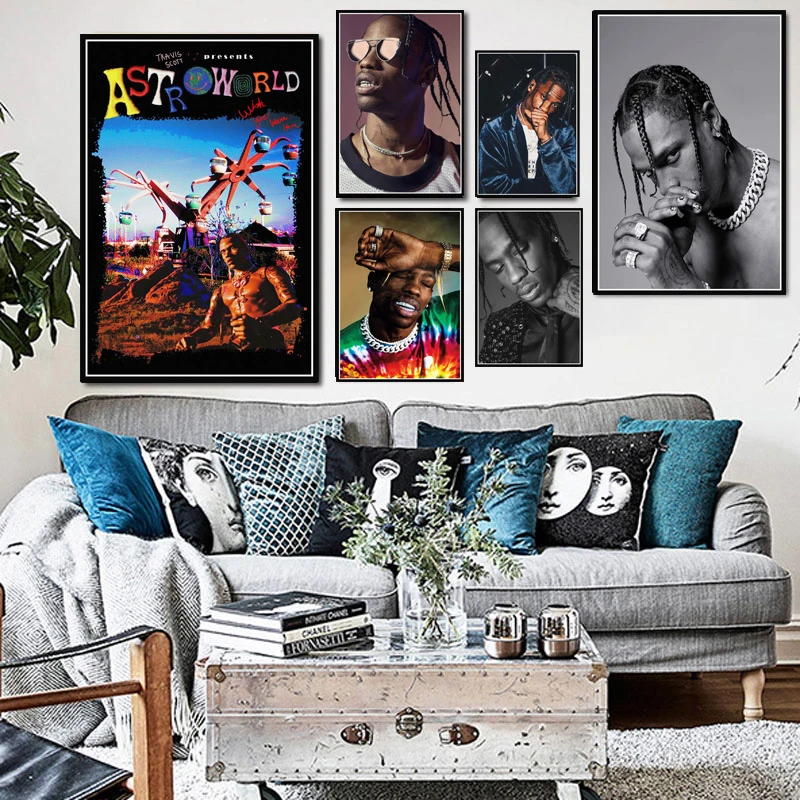 Plakat drukuje nowy Travis Scott raper moda ikona artystyczny obraz olejny na płótnie zdjęcia ścienny do salonu Home Decor|Painting & - AliExpress