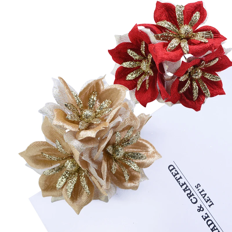 

9pcs Gold Glitter Silk Artificial Flowers Wedding Wreath Home Decor Supplies DIY Gift Box Decor Christmas Decorative Fake Flower