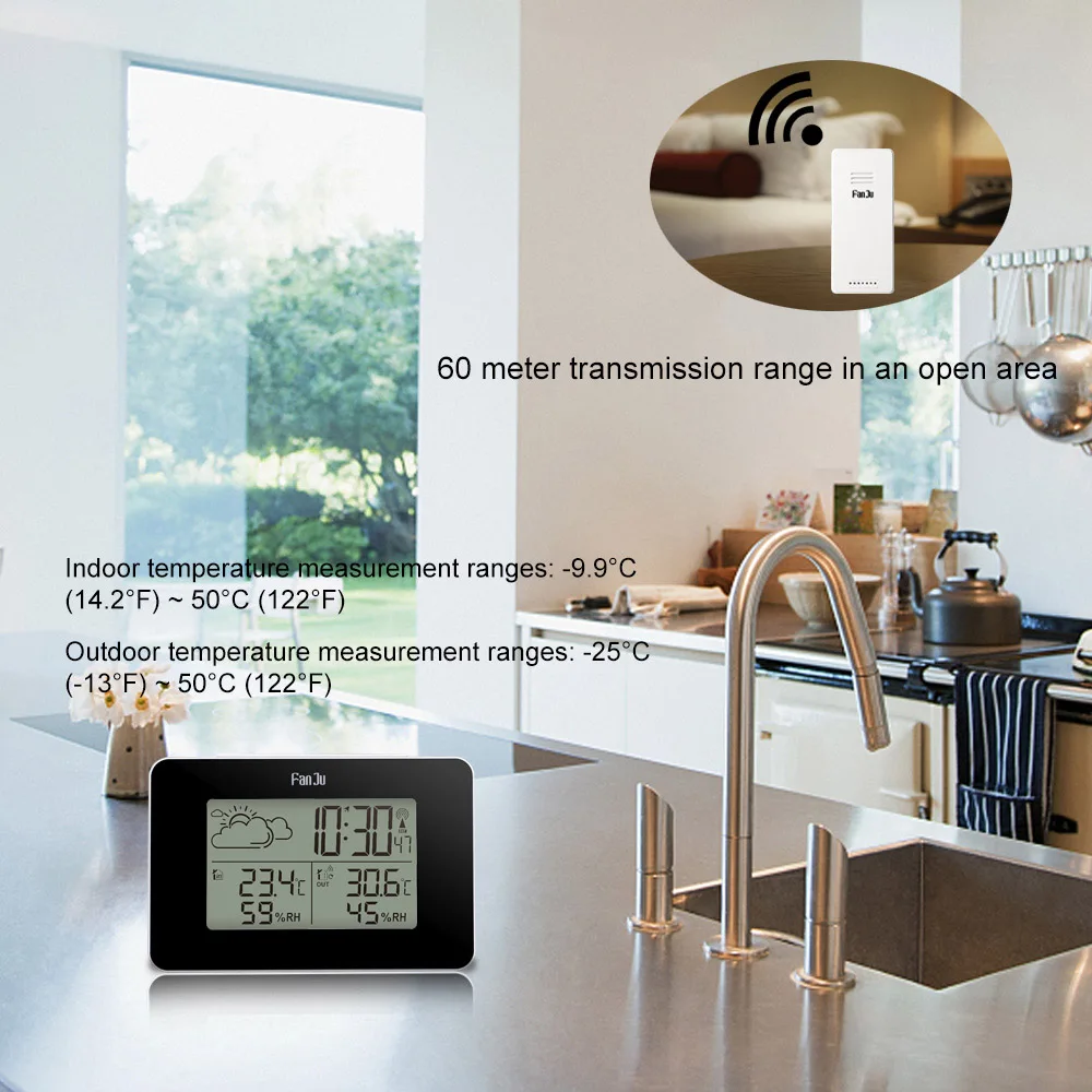 FanJu FJ3364 Метеостанция цифровые часы беспроводной термометр гигрометр сенсор светодиодный Будильник Повтор Настольные часы инструменты DCF