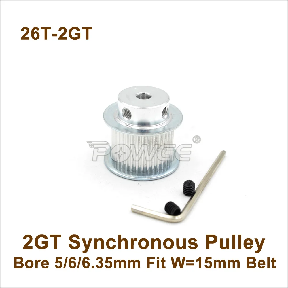 

POWGE 26 Teeth 2GT Synchronous Pulley Bore 5/6/6.35mm For Width=15mm 2MGT Timing Belt 26T 26Teeth GT2 Pulley 26-2GT BF 3D Design