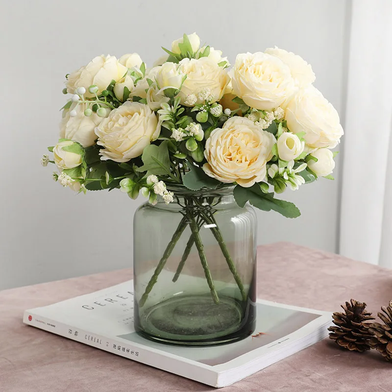 Artificial plants artificial flowers artificial rose petals artificial rose artificial tulip flower artificial flower bouquet artificial flower artificial leaves artificial branches 1pcs/30cm rose pink silk bouquet peony artificial flower 5 big head 4 small bud bride wedding home decoration
