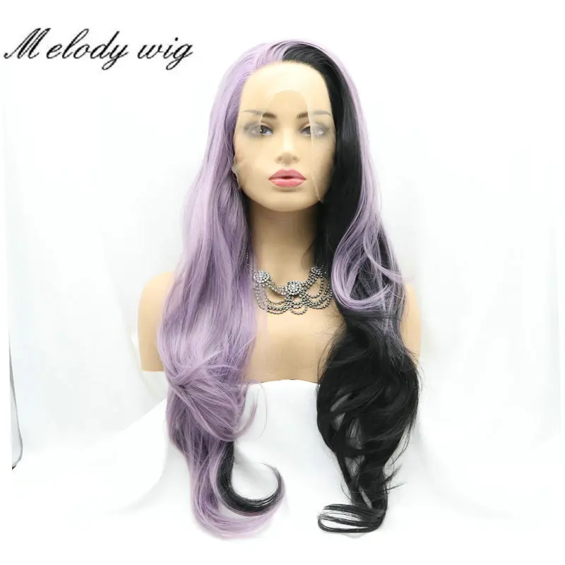 melody-synthetic-lace-front-wigs-long-body-wave-half-purple-half-black-cosplay-hairstyle-for-women-natural-looking-drag-queen