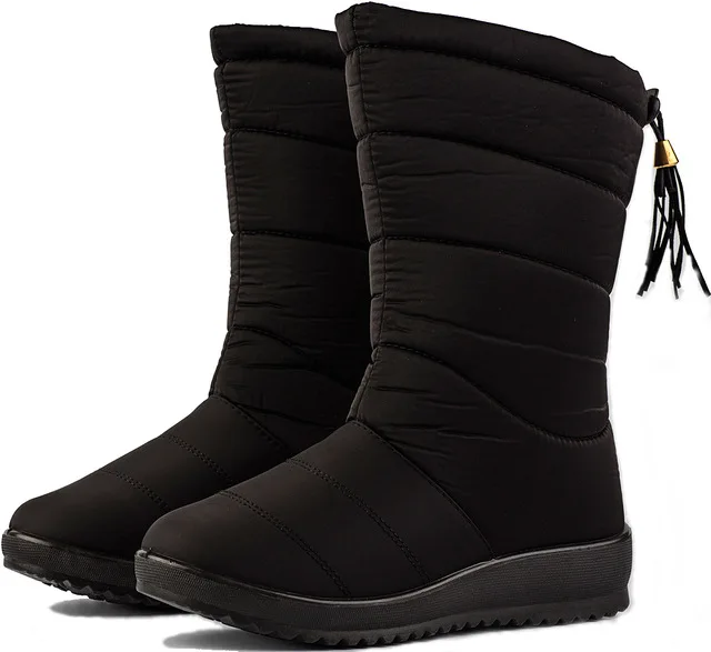 black Boots Женские сапоги до середины икры; водонепроницаемые зимние сапоги; женские теплые зимние сапоги на танкетке; резиновые плюшевые сапоги; botas mujer; - Цвет: black Boots