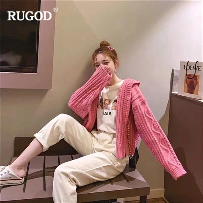 RUGOD Новые Женские однотонные свитера с капюшоном на молнии, свободные кардиганы с стильным узором, шикарное пальто для женщин на осень и зиму