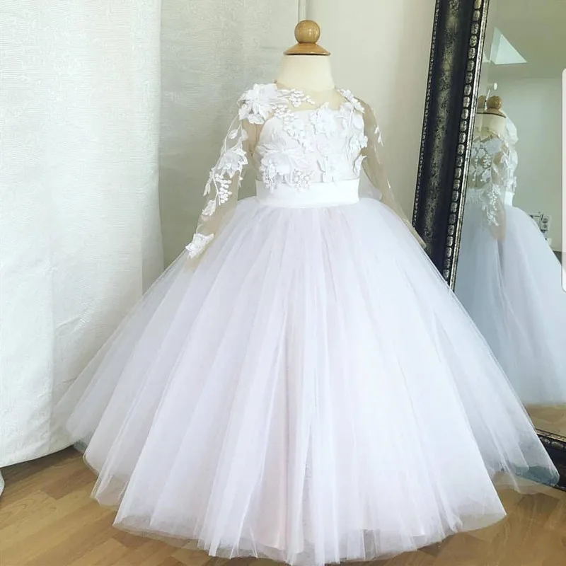 Кружевные Платья с цветочным узором для девочек; платья для маленьких девочек с длинными рукавами и прозрачным вырезом; винтажные платья для причастия; пышные платья