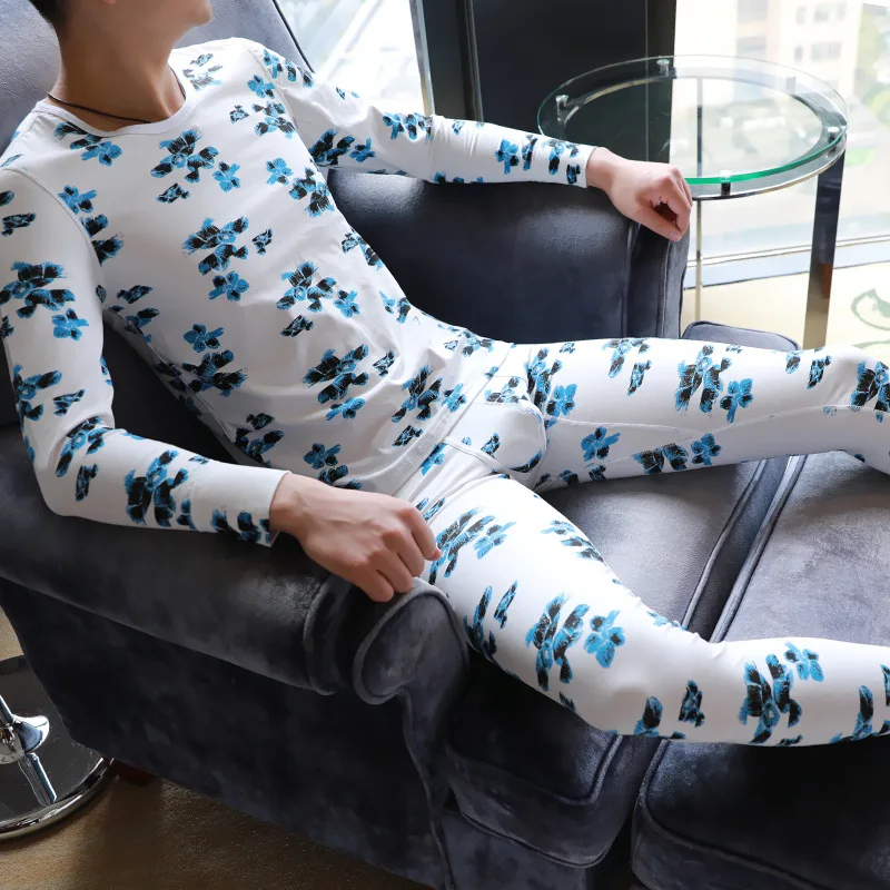 Winter Men Long Johns Cotton Printed underwear Men Thermal Underwear Set  Men's Long John Set