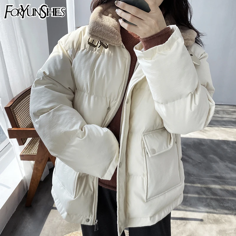 

FORYUNSHES Women Winter Warm Parka Down Cotton Coat Female Faux Rabbit Fur Lapel Jackets Loose Thick Outerwear 2020 Korean