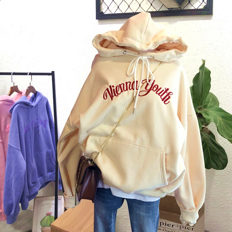 Милые буквы Harajuku стиль вышивка женская Повседневная мода Ulzzang толстовка с капюшоном bf с длинными рукавами свободные пуловеры толстовка
