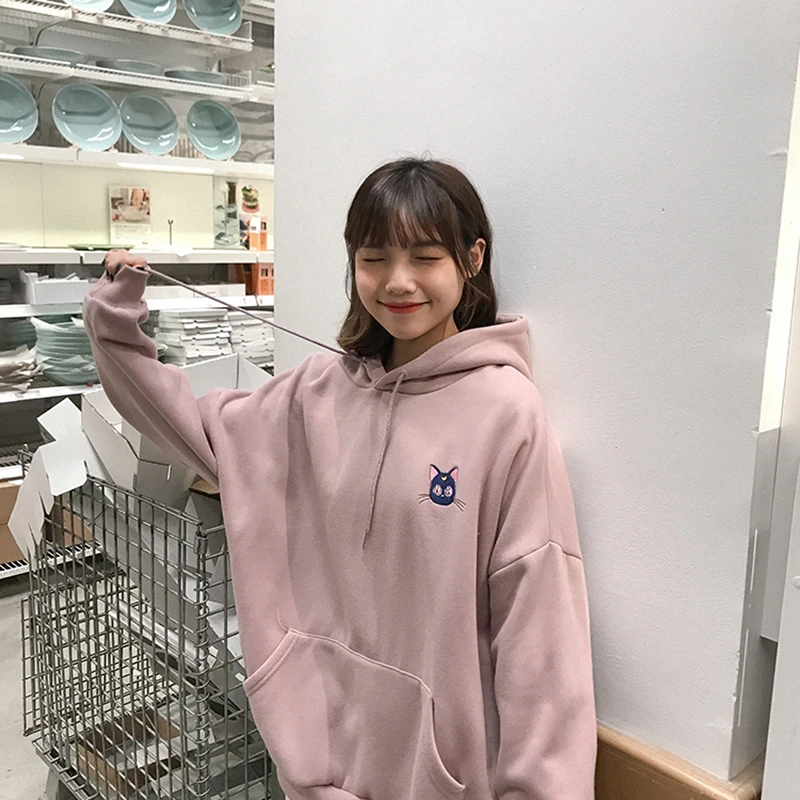 Huapate вышитые Луна кошка розовые толстовки для женщин Kawaii корейский стиль свободная толстовка с капюшоном пуловеры