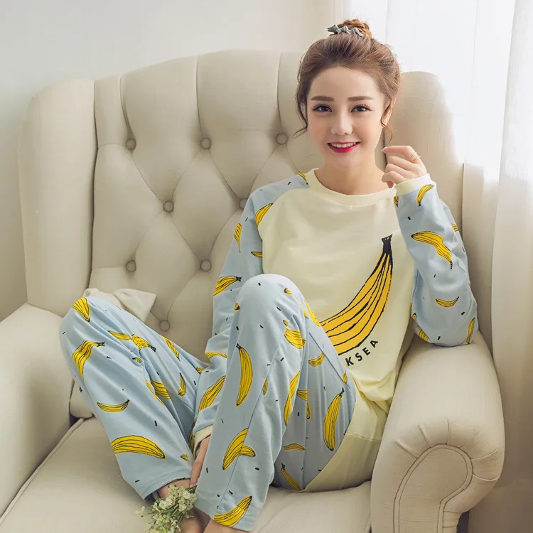 

Spring And Autumn Long Sleeve Pajamas GIRL'S Thin Cartoon Banana Cute White Qmilch Homewear Set