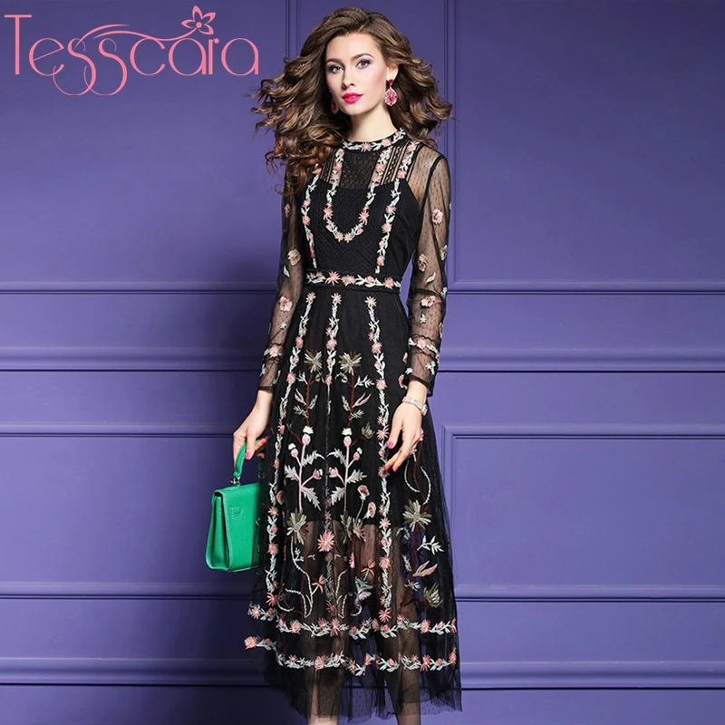 TESSCARA Women Runway Designer Luxury Embroidery Mesh Dress High Quality Party Robe Long Cocktail Celebrity-inspired Vestidos | Женская
