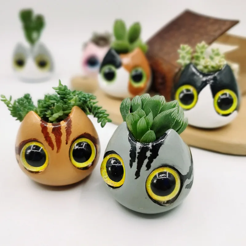 

Mini Cat Head Big Eyes Multi Meat Flower Pot Mysterious Combination Ceramic Desk Green Pots Micro Landscape Garden Decor Gift