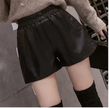 

2020 Spring New Women Fashion PU Shorts Faus Leather Elastic Waist Loose Wide Legged Short Casual Bottoms Woman Outer Wear D561