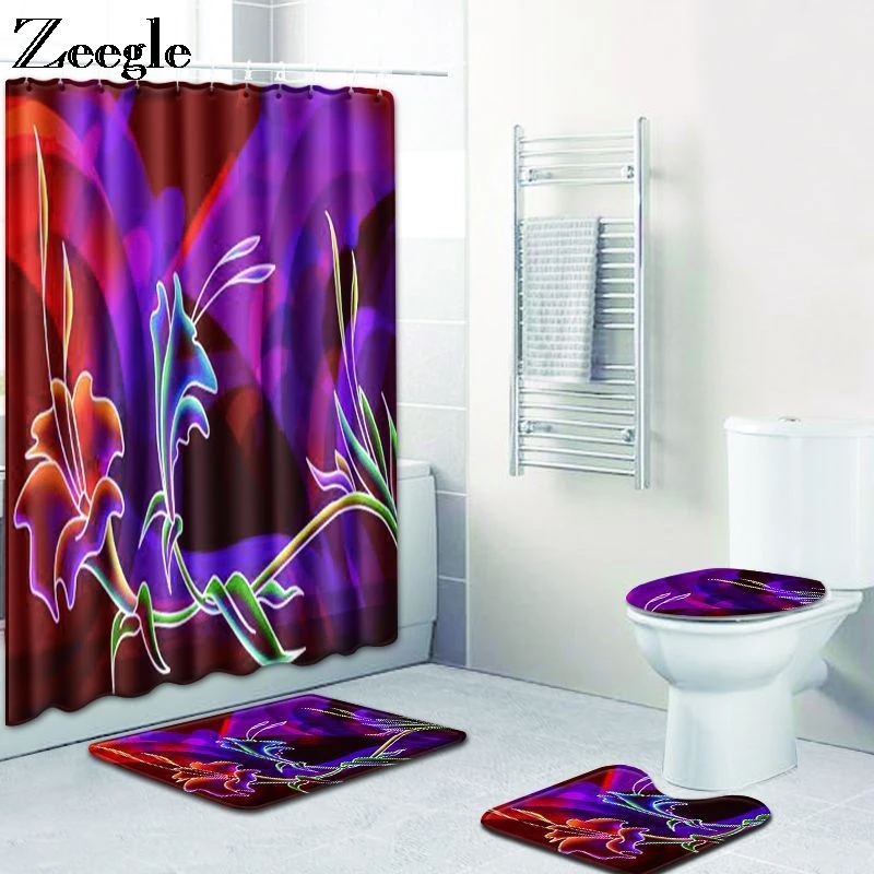 Zeegle Flower 4pcs Toilet Set Waterproof Curtain Non Slip Bathroom Doormat Shower Mat Absorbent Toilet Pedestal Rug Bath Mat Set