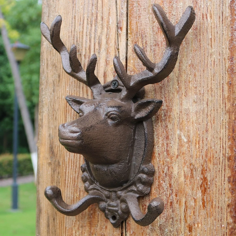 Deer Head Stag Towel Hooks 3 Solid Cast Iron Wall Mounted Antler Towel