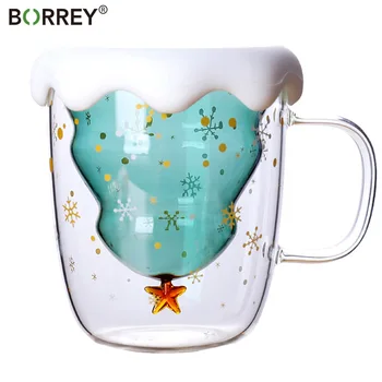 

BORREY Christmas Cup Transparent Double Anti-Scalding Glass Christmas Tree Star Coffee Milk Juice Mug Children's Christmas Gift