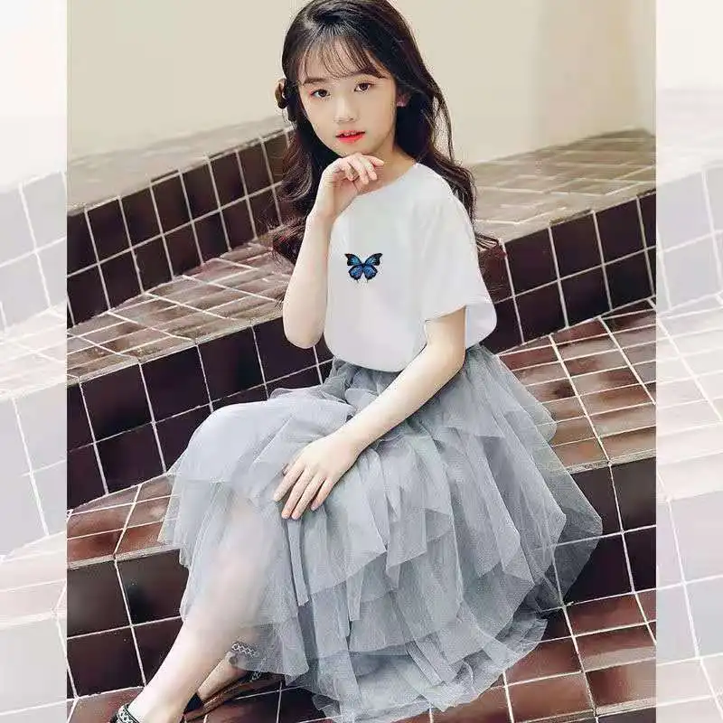 8 10 12 years Old Girls Mesh Skirts Clothes Set Summer Casual Elegant Teen Big Outfit T-shirt Skirt Mesh Princess Kid Clothing kids clothing set girls clothing set