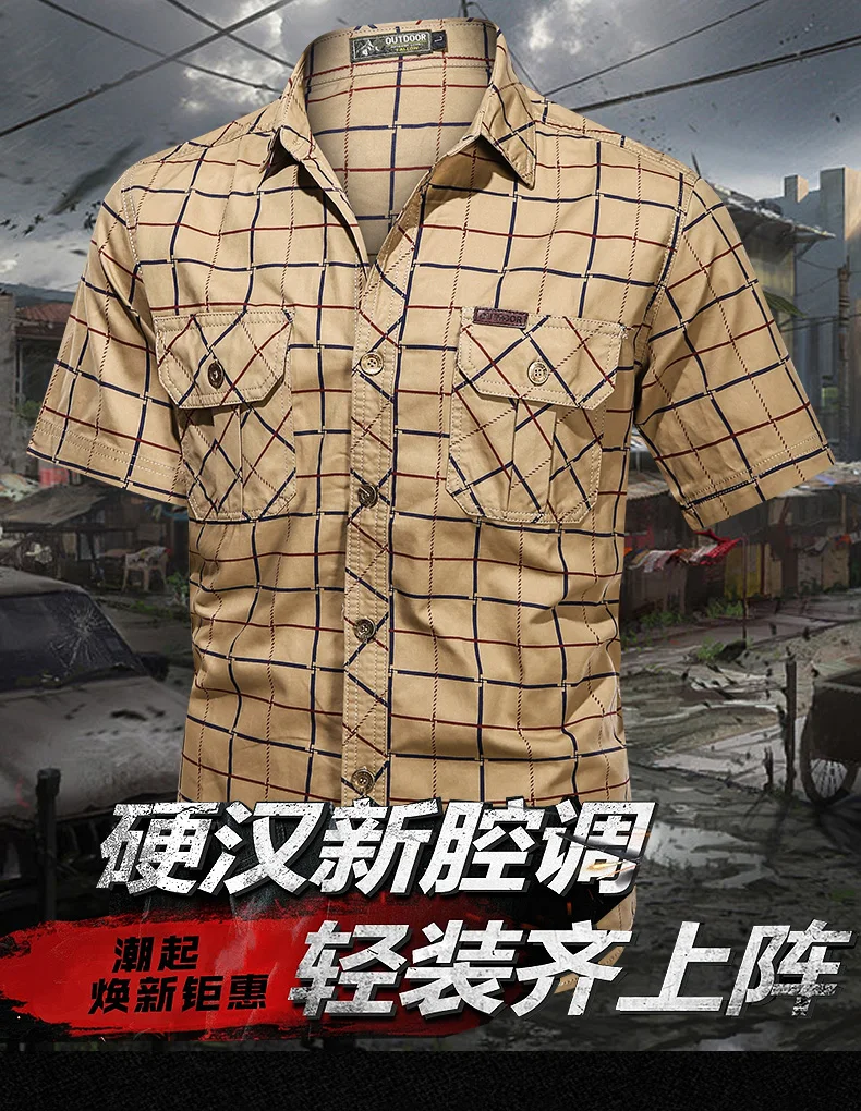 Fashion Mens Plaid Shirt Short Sleeve Bomber Military Shirts 100% Pure Cotton High Quality Business Casual Lapel Shirt Men 2022 short sleeve dress shirts