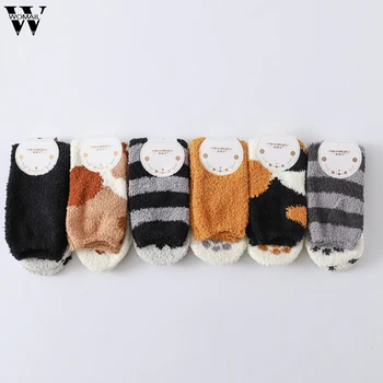 

Womail Female winter coral cat paw print pattern plus velvet warm sleep home socks floor socks socks 6PC combination pack