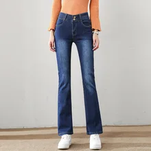 3138 Высокая талия женские джинсы клёш длиной до щиколотки случайный звонок джинсы с кроем для женщин женская обувь классического кроя длиной до щиколотки джинсы Для женщин s синий