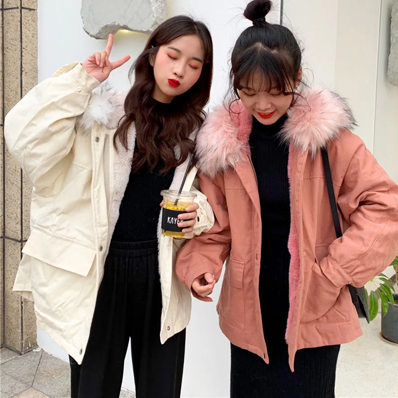 

INS Super Fire Clothes Female Winter New Style Students Korean-style Mid-length Loose Thick Large Fur Collar Cotton Overcoat