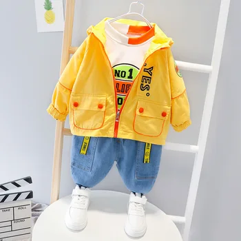 

2020 Autumn Children's Three-piece Suit Fashion Pocket Zipper Cardigan Popular Jeans Set Baby Boys Combed Cotton Casual Hooded