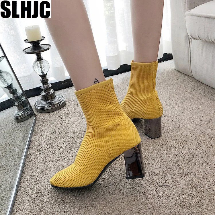 

SLHJC Square Toe Sock Boots Women Autumn High Heel Stretch Fabric Silver Heel Pumps Shoes Boot 7 cm