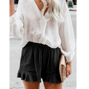 

2020 Multi-color Fashion Women's Shorts Lady Casual Cotton Solid High Waist Ruffle Loose Shorts Hot Elastic Waist Regular