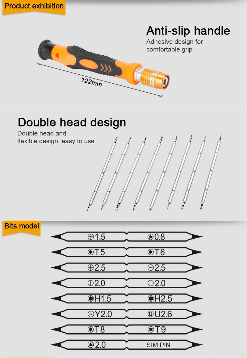 JAKEMY Hot Selling Mini Screwdriver Set with Phillips Hex Slotted U-shape Triangle Bits in Oxford Bag for DIY Repair
