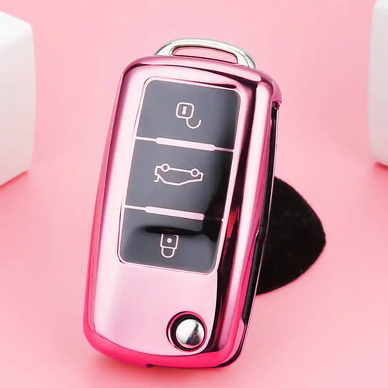 Розовый TPU высокого качества Автомобильный ключ чехол для ключей для Vw Jetta Golf Bora POLO Passat Skoda Octavia A5 Fabia сиденье Ibiza Leon - Название цвета: Розовый