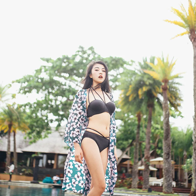 

2019 Japanese Korean New Style Bathing Suit Women's Sexy Three-piece Set Backless Split Type Small Bust Gathering with Cover-up