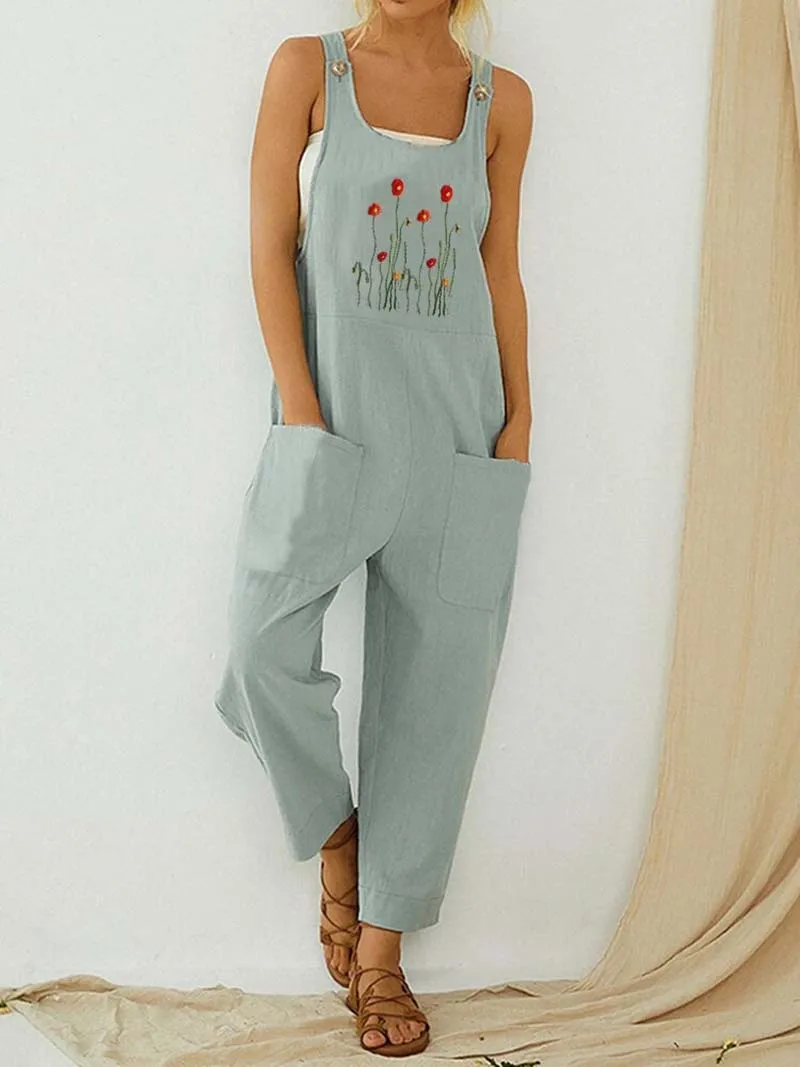 Womens Dungarees Print Rompers 2021 Summer New Ladies Casual Loose Linen Cotton Jumpsuit Sleeveless Pocket Overalls Playsuit