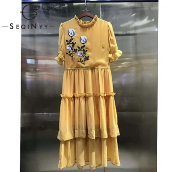

SEQINYY Chiffon Dress 2020 Summer Spring New Fashion Design Women Short Sleeve Embroidery Flowers Ruffles Knee Dress Casual