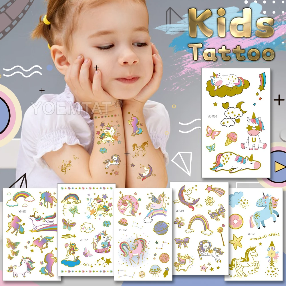 

New Golden Kids Waterproof Temporary Tattoo Sticker Rainbow Unicorn Butterfly Cute Fake Tattoo Girl Flash Body Art Woman