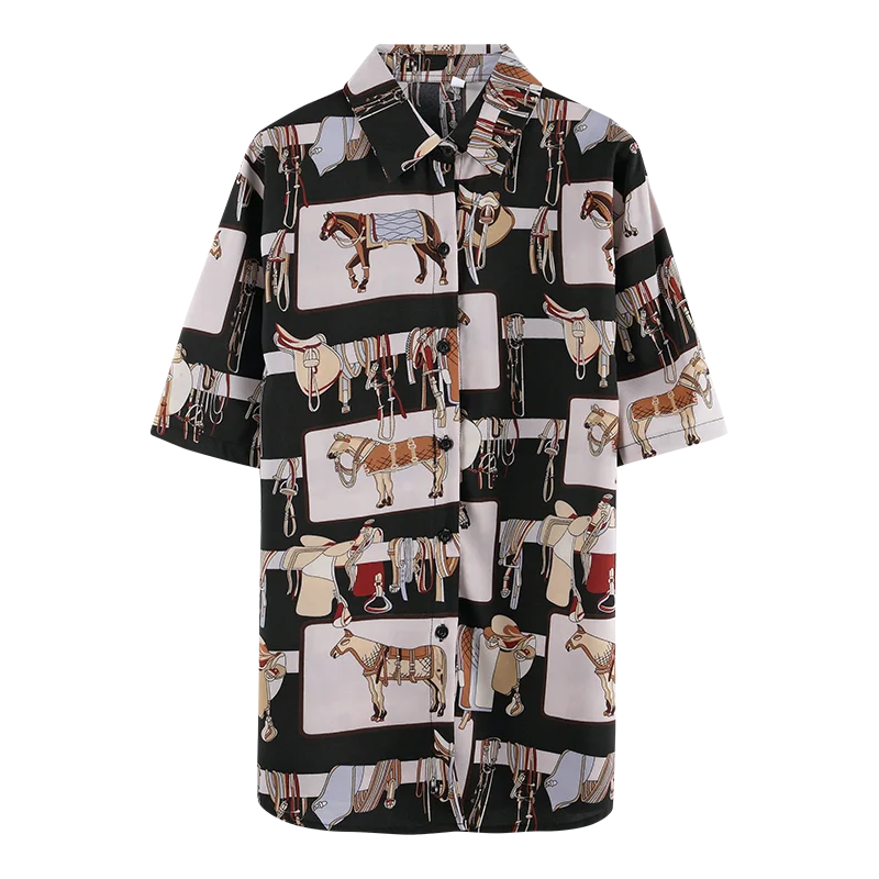 Fashion Women Print House White Shirt Chic Checked Shirts Blouse Short Sleeve Female Casual Print Shirts Loose Retro Tops Blusas