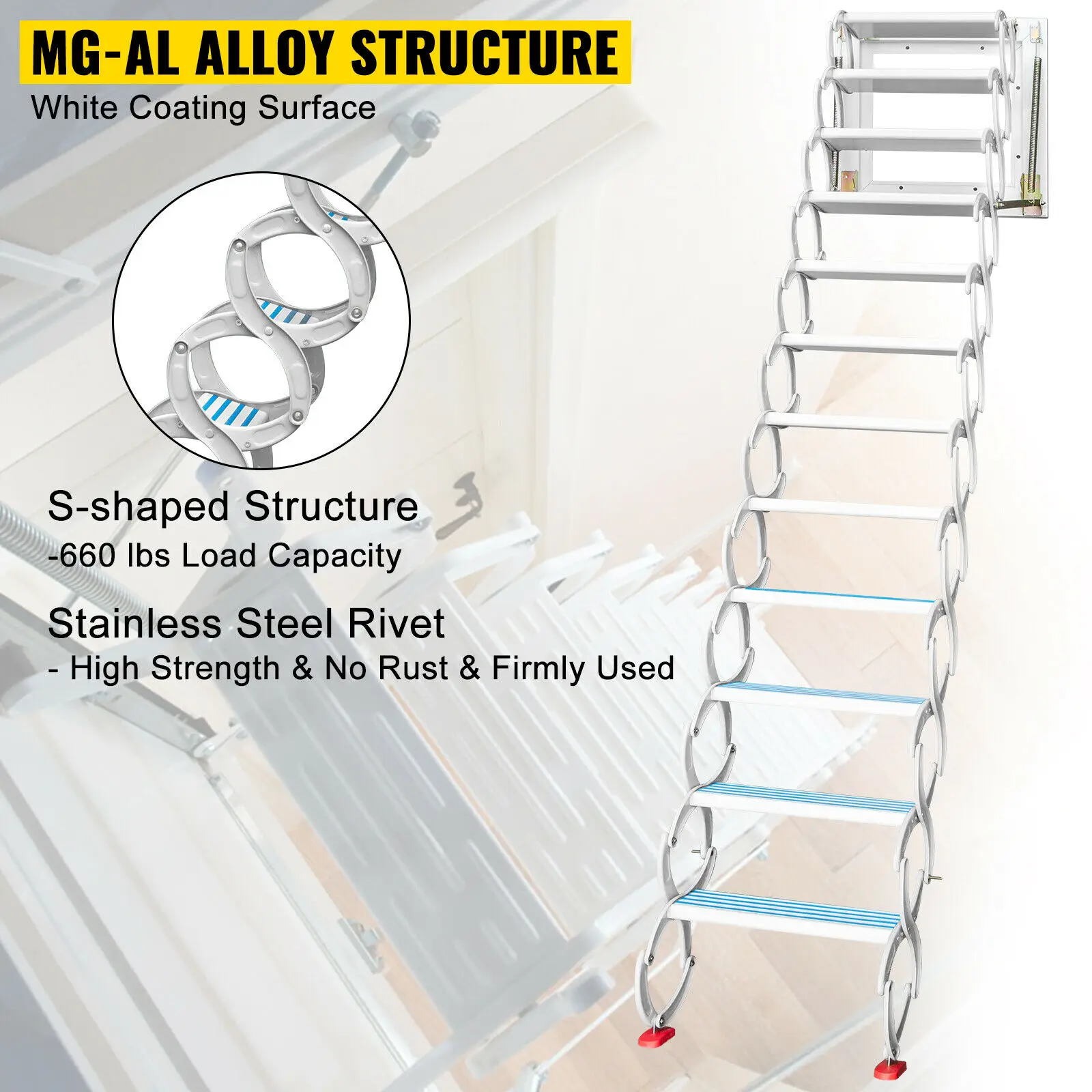 Attic Steps Pull Down 12 Steps Attic Stairs, Alloy Attic Access Ladder,  Blue Pulldown Attic Stairs