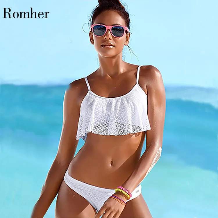 

2020 Sexy Brazilian Swimsuit Female Solid Mesh Bikini Swimwear Women New 2019 Swimming Suit Two Pieces Ruffle Bikinis Set White