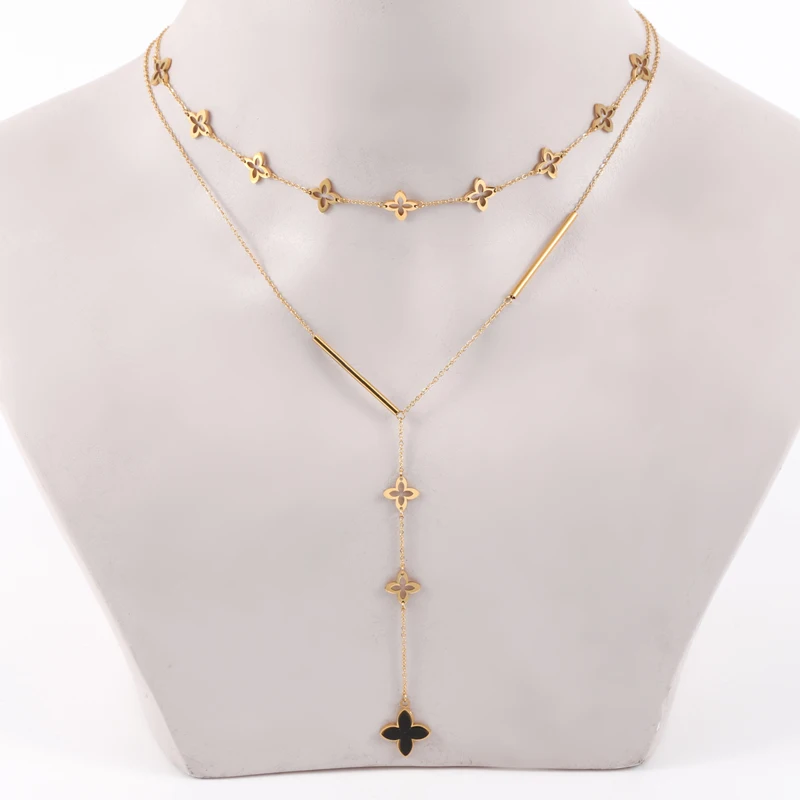 Korean Fashion Charms Double Layer Star / Four Leaf Clover / Love Heart Pendant Choker Necklace Jewelry for Women Girls
