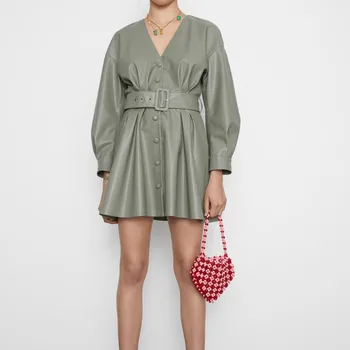 

V Neck Leather Shirt Mini Dress Women Za 1:1 2020 New Casual A Line with Belt Long Sleeve Green Pu Sexy Feme Dress High Quality