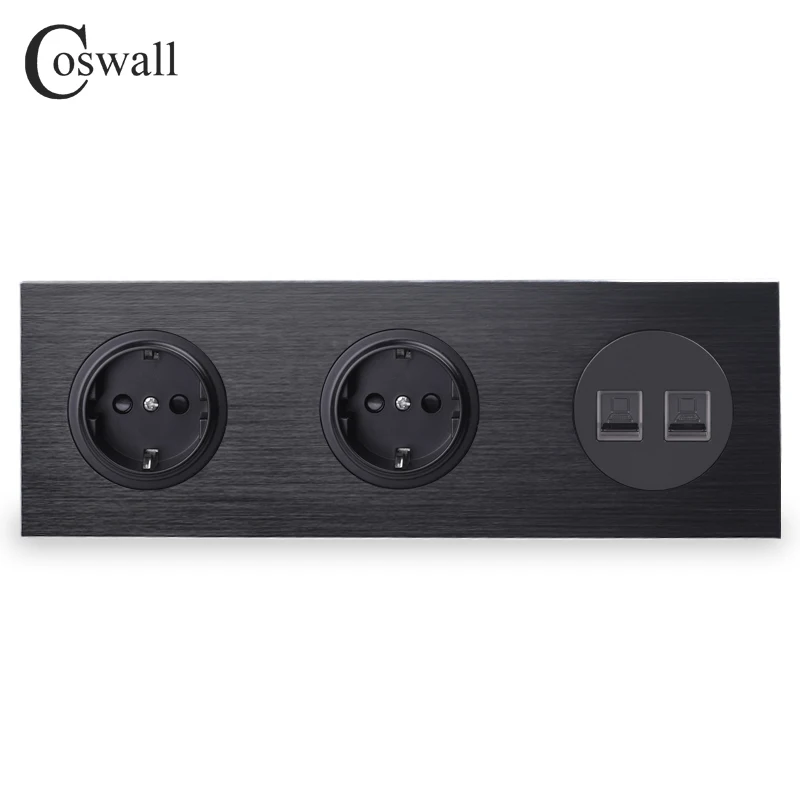 Painel de Metal Padrão da ue + 2 Coswall Alumínio Preto Dupla Tomada Parede Gang Cat5e Rj45 Internet Dados Jack R12 Series 16a
