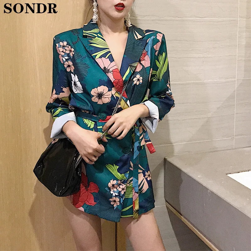 

Fashion Long Sleeve OL Jackets Elegant Flower Print Sash Women Blazer 2020 Spring Autumn Turn Down Collar Work Feminino Coats